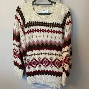Old Navy Cream Crewneck Sweater with Pink & Burgundy Fair Isle Pattern
